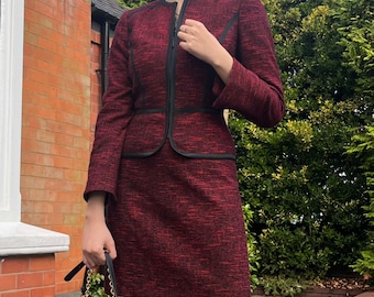 Custom tailor Women's Dark Wine Red Tweed Suit Jacket and Skirt Set wedding guest, formal office evening business lady suit Plus size petite