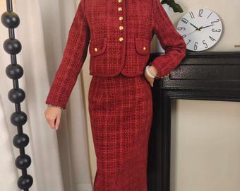 Red Tweed Skirt and Suit Set: Custom Made Elegant Classic Two Pieces Set, Custom from Petite to Plus, Elegant Formal Wool Skirt and Jacket