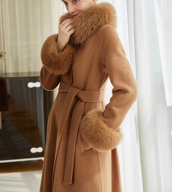 Caramel Long Wool Trench Coat With Detachable Fox Fur Collar