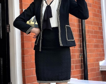 Bespoke Custom / Ready Made Elegant Women Tweed Jacket and Skirt Set Suit Plus Size Petite - Black Funeral Dress, Office Business Tweed Suit