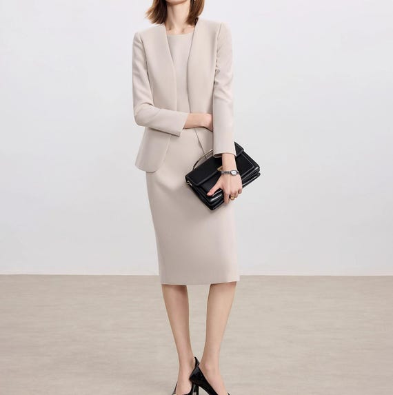Beige Dress and Suit Set: Custom Made Elegant Classic Two Pieces Set, Women's Suit Size Petite to Plus, Chic Elegant Formal Dress and Jacket Beige Dress and Suit Set: Custom Made Elegant Classic Two Pieces Set, Women's Suit Size Petite to Plus, Chic Elegant Formal Dress and Jacket