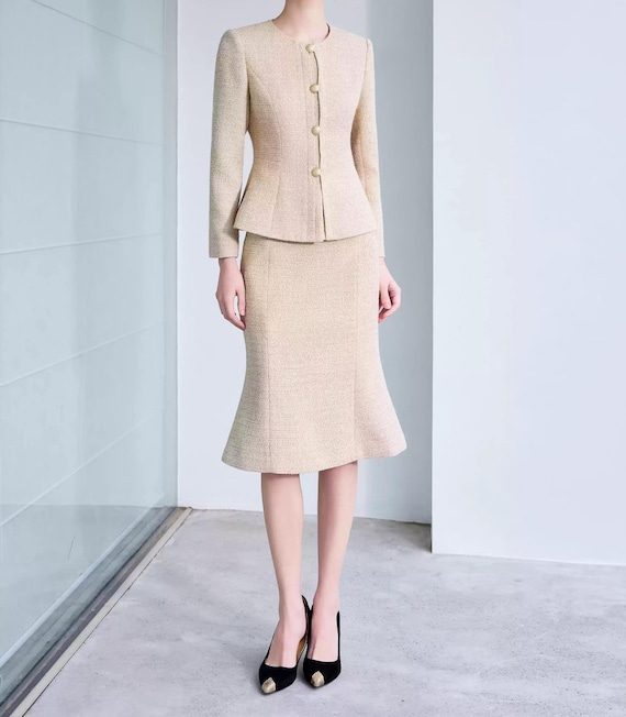Beige Tweed Skirt and Suit Set: Custom Made Elegant Classic Two Pieces Set,  Custom From Petite to Plus, Elegant Formal Wool Skirt and Jacket - Etsy  Israel