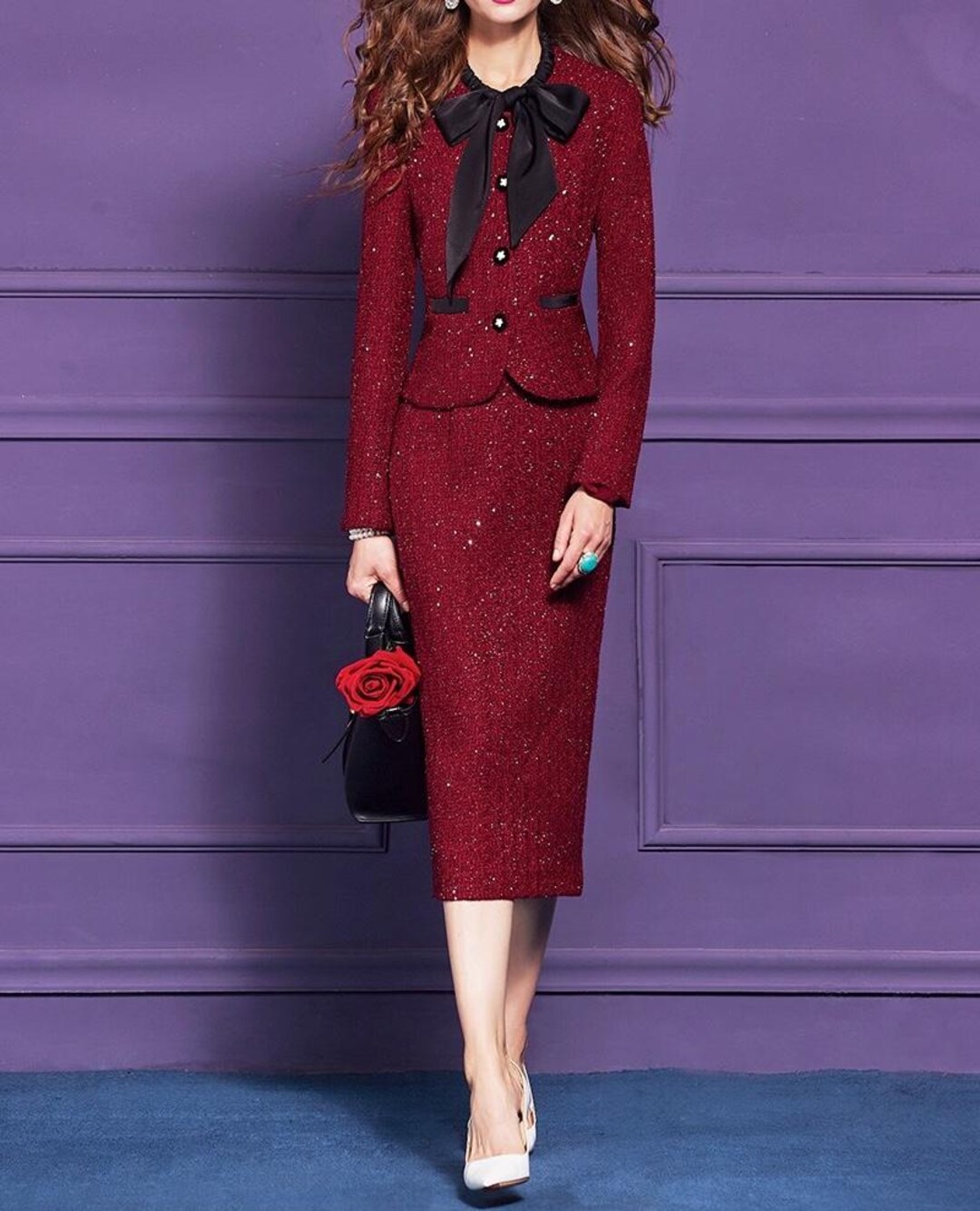 Red Shimmer Tweed Skirt Suit Set Custom Made Classic Two Pieces Set red-shimmer-tweed-skirt-suit-set-custom-made-classic-two-pieces-set