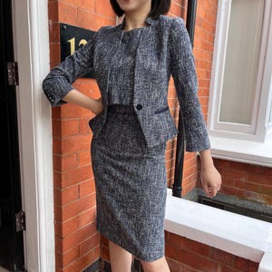 Bespoke Custom / Ready Made Blue Luxury Women Tweed Jacket dress Skirt Set Suit Plus Size Petite - Wedding Guest suit,Evening Dress suit