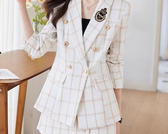 White Tweed Skirt and Suit Set: Custom Made Elegant Classic Two Pieces Skirt Set, Women Suit Petite to Plus, Formal Wool Skirt and Jacket