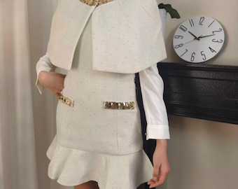 beige tweed dress set Cape and Set: Custom Made Elegant Classic Two Pieces Set, Custom from Petite to Plus, Elegant Formal Wool Cape and Dress Calf Width:38cm Imported Product Measurements (Measurements autumn-shop Padme Amidala Women Blue