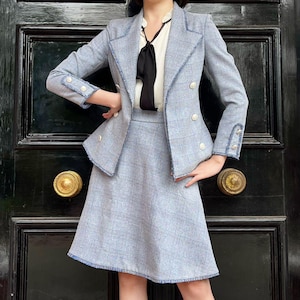 Bespoke Custom Women Light Blue Tweed Jacket and Skirt suit set Plus Size Petite - Autumn Winter Wedding Guest Suit, Formal Business Women