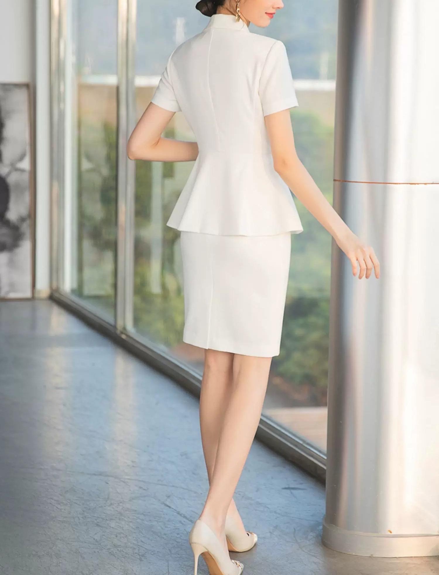 White Skirt and Short Sleeves Suit Set: Custom-made Two-piece Set