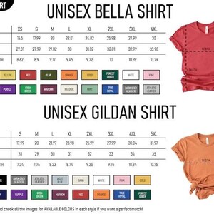 May include: A size chart for Unisex Bella and Gildan shirts, with measurements in inches for width, length, and sleeve length. Color swatches include black, red, and navy. Two t-shirts are shown, one red and one orange.
