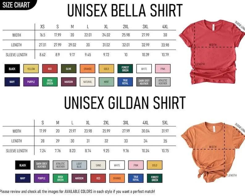 May include: A size chart for Unisex Bella and Gildan shirts, with measurements in inches for width, length, and sleeve length. Color swatches include black, red, and navy. Two t-shirts are shown, one red and one orange.