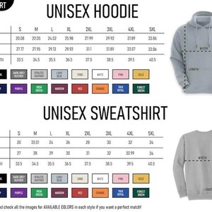 May include: Size chart for unisex hoodies and sweatshirts, displaying measurements in inches for width, length, and sleeve length. Includes color options like black, navy, and purple. The text "UNISEX HOODIE" and "UNISEX SWEATSHIRT" are visible.