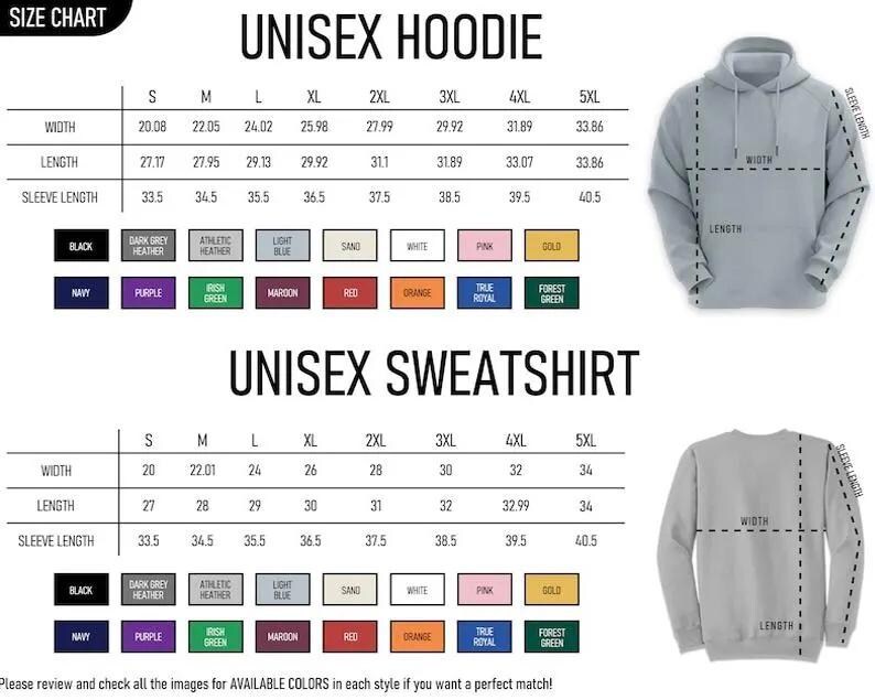 May include: Size chart for unisex hoodies and sweatshirts, displaying measurements in inches for width, length, and sleeve length. Includes color options like black, navy, and purple. The text "UNISEX HOODIE" and "UNISEX SWEATSHIRT" are visible.