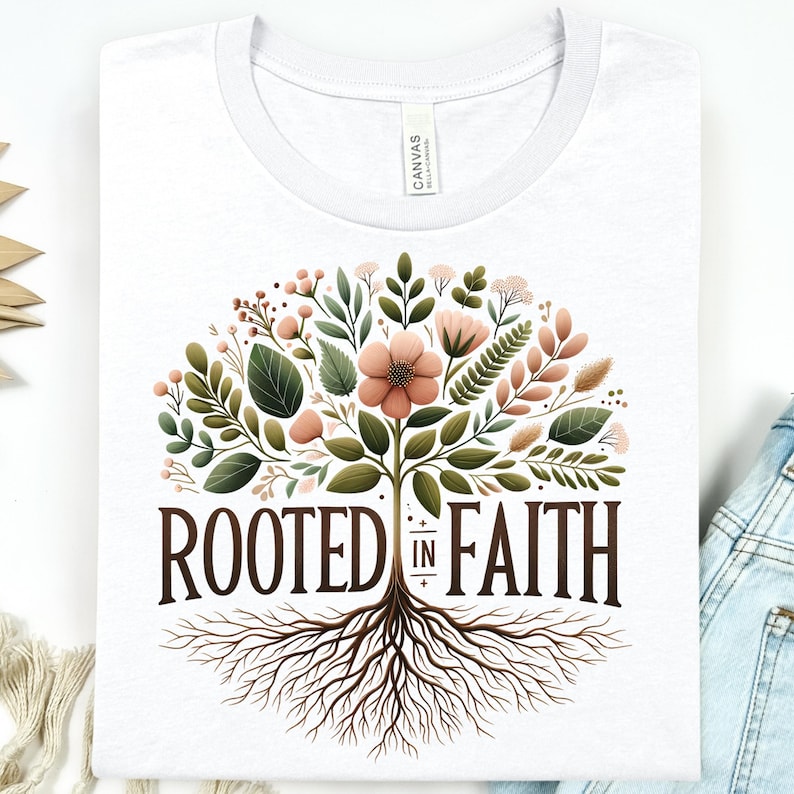 A white t-shirt with a graphic design featuring a tree with roots and flowers, along with the text "ROOTED IN FAITH" printed on it.
