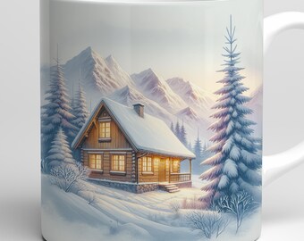 Mokfolie besneeuwde cabine: gezellig winterlandschap in de bergen (digitale download)