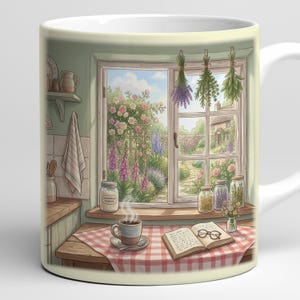 May include: A white ceramic mug featuring a cozy kitchen scene. The illustration shows a window overlooking a garden, a cup of coffee, and an open book. The mug has a wrap-around design with soft colors and a charming aesthetic.