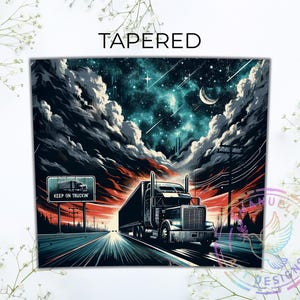 The image is a poster featuring a large semi-truck driving on a highway under a starry night sky with clouds and a crescent moon.