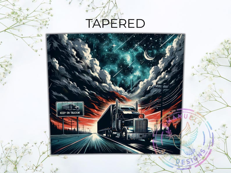 The image is a poster featuring a large semi-truck driving on a highway under a starry night sky with clouds and a crescent moon.