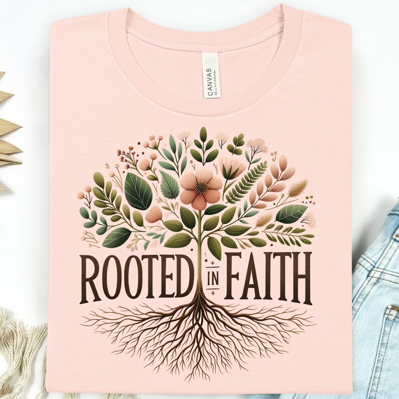 A pink t-shirt with a graphic design featuring a tree with roots and leaves, along with the text "ROOTED IN FAITH" printed on it.