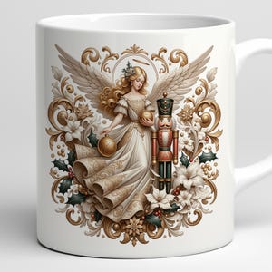 May include: White ceramic mug featuring a detailed illustration of a Christmas angel with golden wings, holding ornaments, and a nutcracker. The design includes gold filigree, holly, and poinsettias, creating a festive holiday theme.