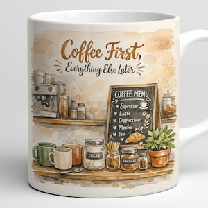 May include: White ceramic coffee mug with a watercolor design featuring a coffee shop scene. The mug has the text "Coffee First, Everything Else Later." A coffee menu, coffee machine, and various coffee-related items are depicted.