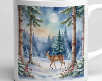 Mokomslag winterhert: aquarel besneeuwd bos met wilde dieren (digitale download)