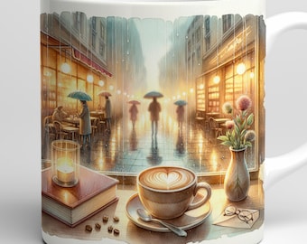 Envoltura de taza para cafetería acogedora bajo la lluvia: Escena de ventana con arte latte (descarga digital)