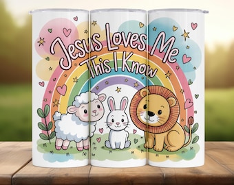 Jesus liebt mich Kinder Tumbler Wrap: Christliches Regenbogen Design (20 Unzen PNG Digital Download
