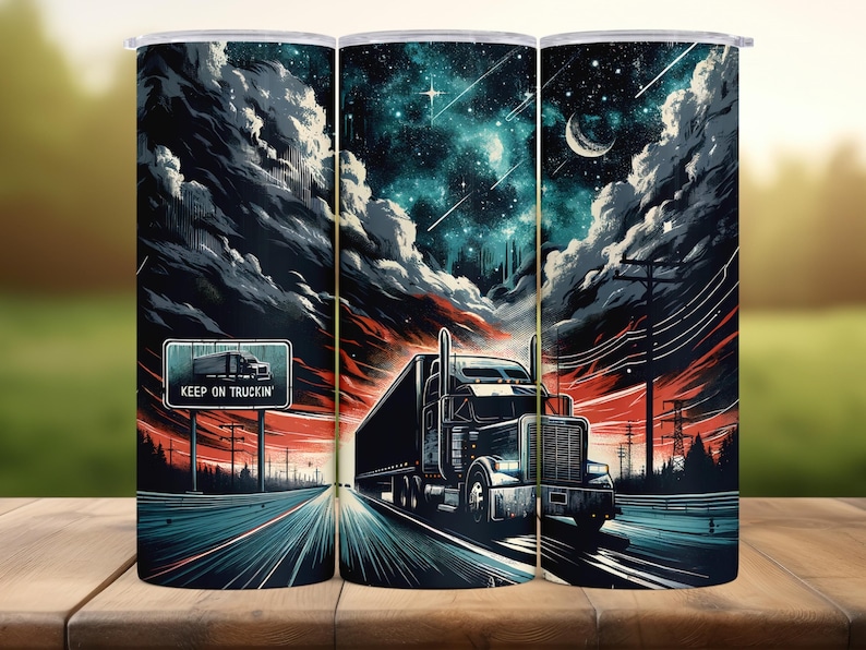 A triptych of a truck driving on a road under a night sky with stars, clouds, and a crescent moon.