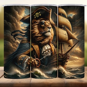 May include: A tumbler featuring a lion in a pirate captain's attire, complete with a tricorn hat adorned with a skull and crossbones. The design includes a ship sailing on a stormy sea, with a dramatic sky in the background.