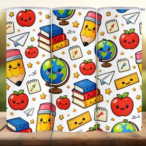 May include: Three white insulated tumblers with a repeating pattern of smiling apples, pencils, globes, books, rulers, paper airplanes, and stars. The design features bright colors and a cartoon style, perfect for back-to-school or teacher gifts.