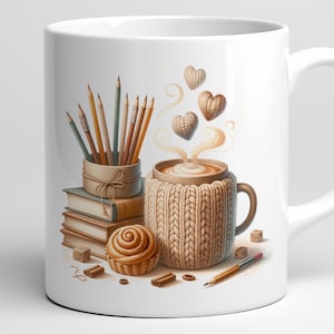 May include: White ceramic mug with a cozy illustration. Features a cup of coffee in a knitted sweater, pencils, books, cinnamon roll, and floating heart shapes. A pencil rests on the side, adding to the warm, inviting theme.