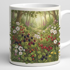 May include: White ceramic mug featuring a detailed illustration of a forest scene. The design includes a path, trees, and various berries, flowers, and foliage. The berries are red and black, and the flowers are white and yellow.
