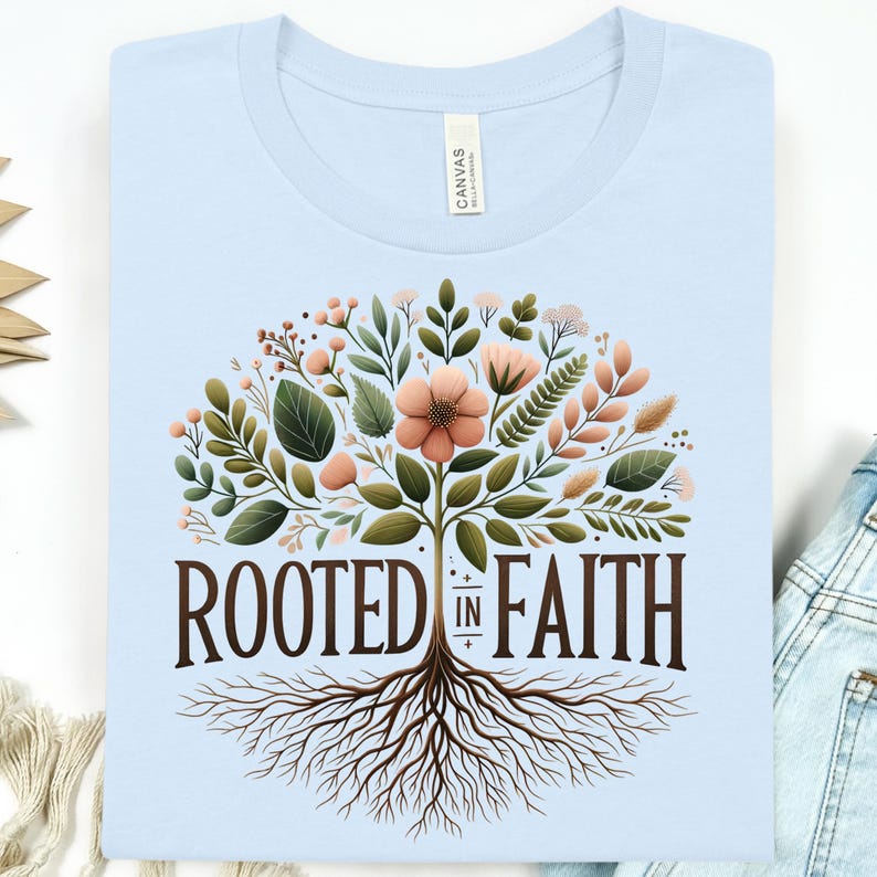 A light blue t-shirt with a graphic design featuring a tree with roots and flowers, along with the text "ROOTED IN FAITH".