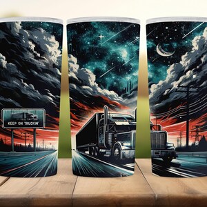 The image is a collage of three images depicting a truck driving on a road under a night sky with stars and a crescent moon.