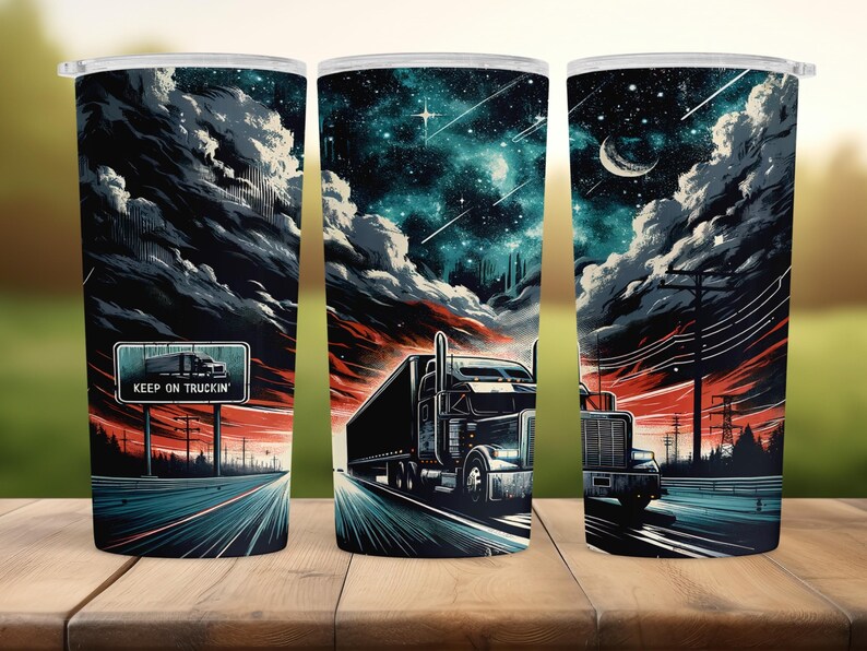 The image is a collage of three images depicting a truck driving on a road under a night sky with stars and a crescent moon.