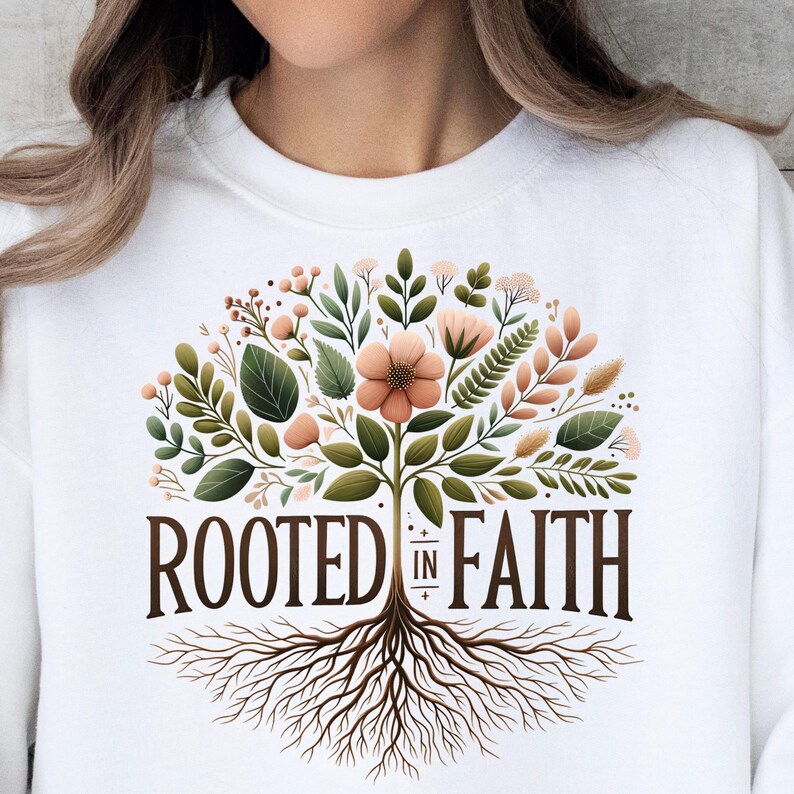 A white t-shirt with a graphic design featuring a tree with roots and flowers, along with the text "ROOTED IN FAITH".