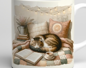 May include: White ceramic mug featuring a cozy illustration of a sleeping cat curled up on a patchwork quilt with pillows, a book, and a cup of tea. A string of lights hangs above the scene, creating a warm and inviting atmosphere.
