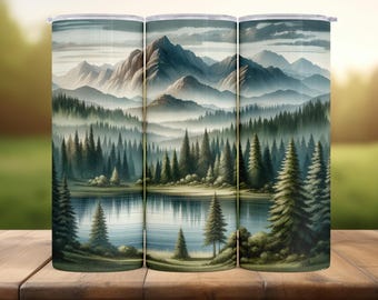 Misty Mountain Forest Tumbler Wrap: Watercolor Landscape (PNG Digital Download 20oz Straight & Tapered Design)