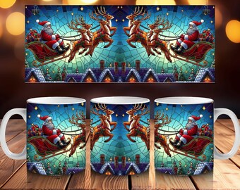 Stained Glass Santa Sleigh Mug Wrap: Christmas PNG (Digital Download)