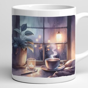 Może przedstawiać: Biały ceramiczny kubek z akwarelową ilustracją przytulnej sceny we wnętrzu. Projekt obejmuje okno z deszczem, parującą filiżankę kawy, zapaloną świecę i roślinę doniczkową. Kubek ma zakrzywiony uchwyt.