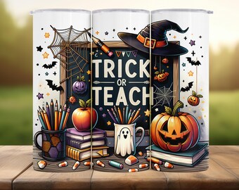May include: A Halloween-themed tumbler featuring a chalkboard with the words "Trick or Teach", a witch's hat, pumpkins, bats, and school supplies. The design includes a jack-o'-lantern, pencils, and a ghost mug. The tumbler is white with a wooden table background.