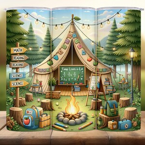 Puede incluir: Un vaso con un diseño de campamento caprichoso, que presenta una tienda de campaña, una fogata y elementos escolares. El diseño incluye una pizarra con problemas de matemáticas y letreros de Matemáticas, Lectura y Ciencias. El fondo muestra un bosque.