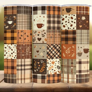 May include: Three stainless steel tumblers with a patchwork design featuring coffee cups, coffee beans, hearts, and plaid patterns in shades of brown, orange, and cream. The tumblers are cylindrical and have a silver rim.