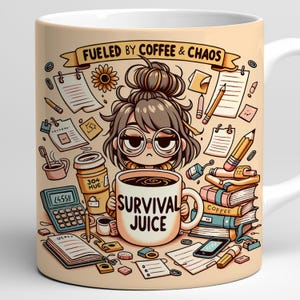 May include: A beige ceramic mug with a cartoon illustration of a woman surrounded by office supplies. The mug features the text "SURVIVAL JUICE" and a banner that reads "FUELED BY COFFEE & CHAOS".