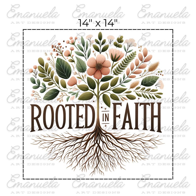 The image is a digital illustration featuring a tree with roots and leaves, surrounded by floral elements. The text "ROOTED IN FAITH" is prominently displayed in the center of the image.