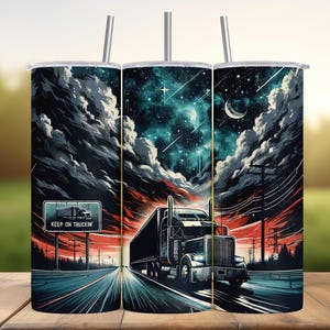 A triptych of a truck driving on a road under a night sky with stars, clouds, and a crescent moon.