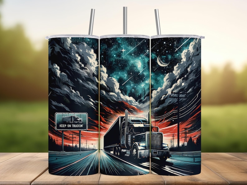 A triptych of a truck driving on a road under a night sky with stars, clouds, and a crescent moon.