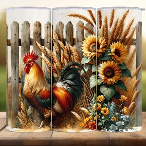 Farmhouse Rooster Sunflower Tumbler Wrap: Rustic Country Barnyard PNG (Digital Download)