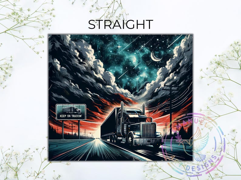 a large semi-truck driving on a highway under a starry night sky, with a sign that reads "KEEP ON TRUCKIN".