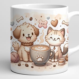 Puede incluir: Taza de cerámica blanca con un diseño de perro y gato de dibujos animados. La imagen muestra un perro y un gato sentados junto a una taza de café con una huella de pata y un diseño en forma de corazón en la espuma.